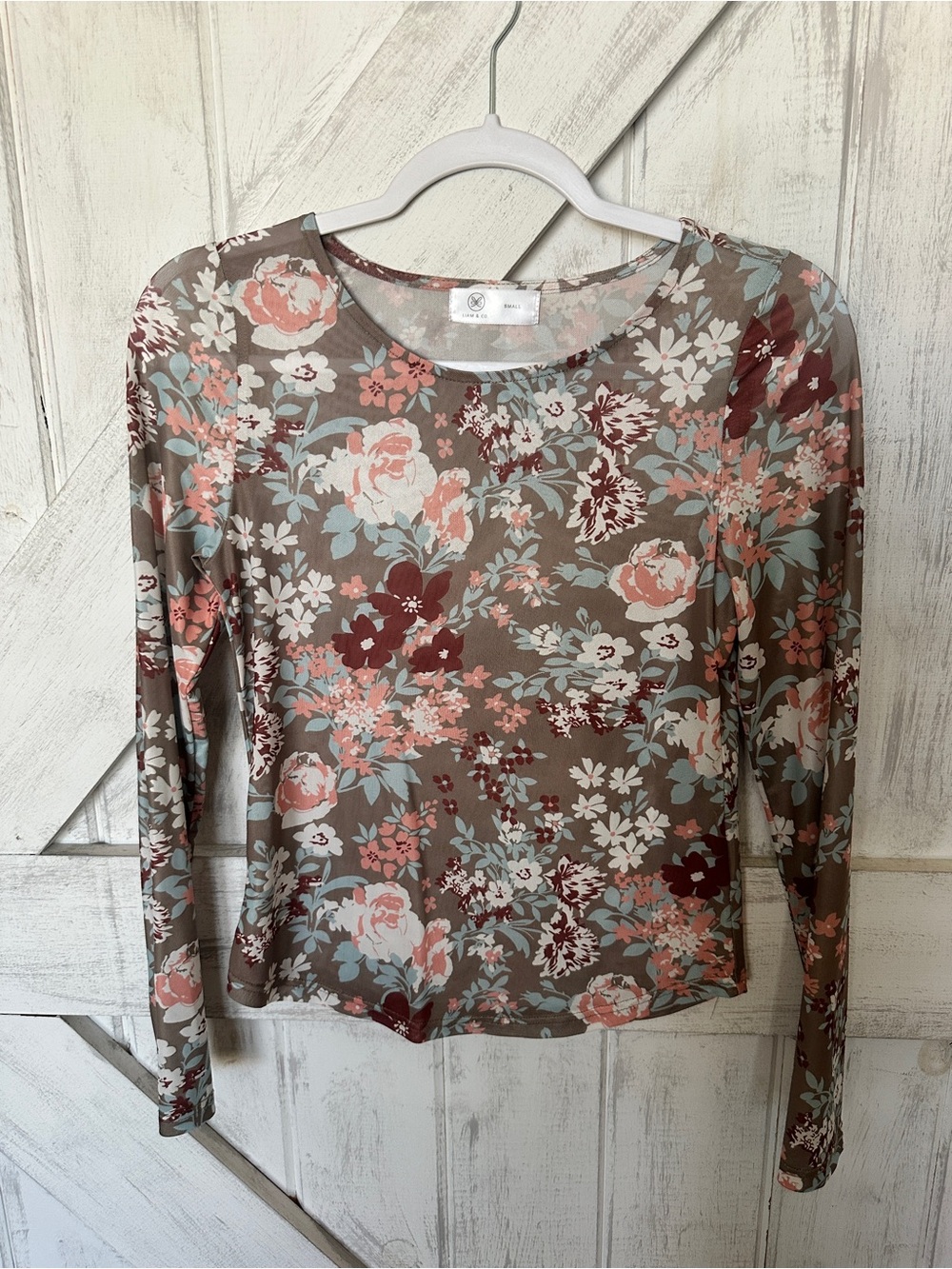 Floral Long-Sleeve Scoop Neck Top - Taupe/Mauve